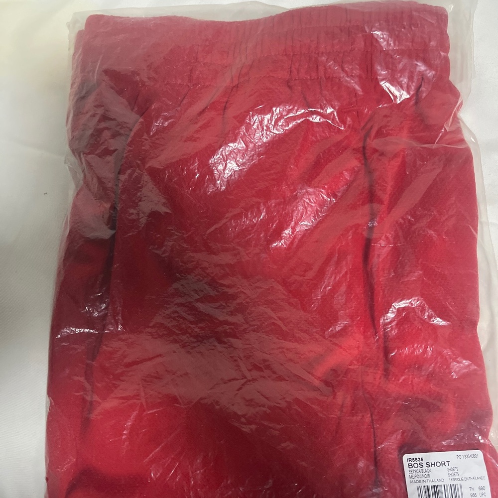 Adidas, basketball shorts, mesh, breathable, drawstring, red, and black men’s